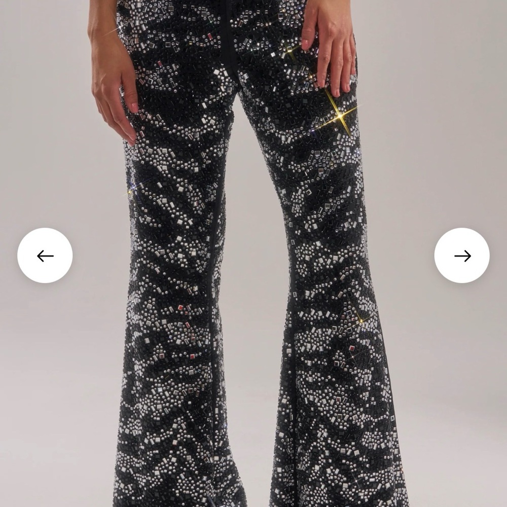 AKIRA Black Sequin Flare Pants with Silver Embellishments Medium